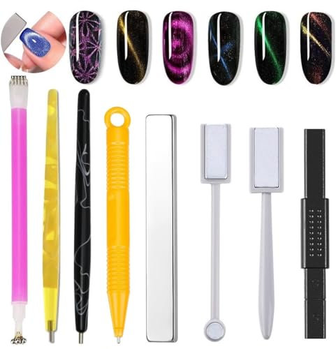 Umiup Nail Art Werkzeug Magnetstift, 8 Stück DIY Magic 3D Nagel Magnet Stick Set Verwendung mit Cat Eye Gel Pulver oder Nagellack Magnetische Stift Katze Eye Pen Katzenaugen Magische Effekt (Orange)