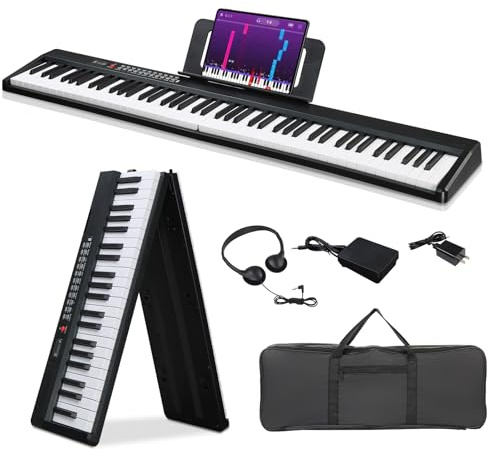 Ktaxon 88 Key Foldable Electronic Keyboard Piano, Semi-Weighted Electric Piano Digital Piano with Dual Bluetooth Mode, 1000 Rhythms, 1000 Tones and 50 Demos for Beginners Adults(Black)