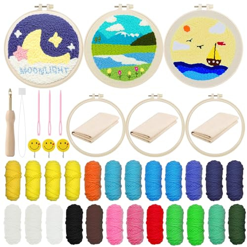 Allazone 3 Stück Punch Needle Embroidery Starter Kit, Stanznadel Stickerei Starter Kit, DIY Stanznadel Kit mit Stickrahmen, Punch Needle Stoff, Fäden, Einfädelhilfe, Wiese und Meer