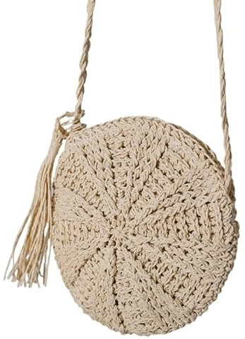 WANGSHAOWEI Strohtasche Lässige Half Moon Damen Stroh Rattan Schultertasche Wicker Woven Lady Hollow Umhängetasche Sommer Strand Reise Kleine Handtasche Geldbörse Runde Strohtasche(C-beige)