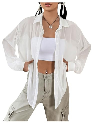 GORGLITTER Transparent blus för kvinnor, drop axel, lös cadig, knappar, blusar, casaul toppar, oversized skjortblus, Vit, S