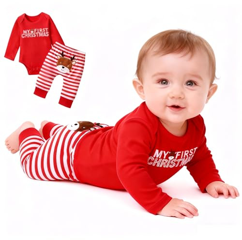 FUTERLY Il Mio Primo Natale Neonato Vestito Natale Neonato My First Christmas Completo Natales Neonata Costume Natalizio Neonata Tutina Neonati Natales Body + Pantaloni 9-12 Mesi