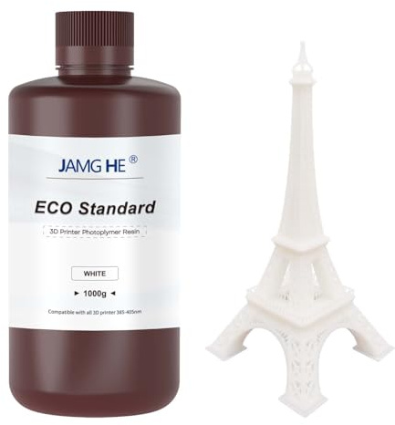 Eco Standard 3D Printer Resin, JAMG HE 405nm Standard Plus3D Printer UV Photopolymer Resin with High Accuracy, 3D Printing Fast Curing and Excellent Fluidity for LCD DLP 3D Printer White