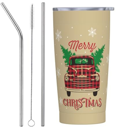 VOSERY Botella de agua de 20 onzas con tapa y popote, vaso aislado de camión rojo vintage de Navidad, vasos de acero inoxidable, taza de café de viaje, vaso personalizado