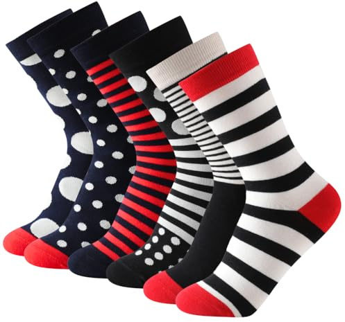 Balseti Calcetines de Mujer Negro, Blanco, Rojo con Estampado de Rayas y Círculos. Calcetines Transpirables, Frescos y Cómodos. 85% Algodón. Pack 6 Pares Casual Diario. Tallas 35-38