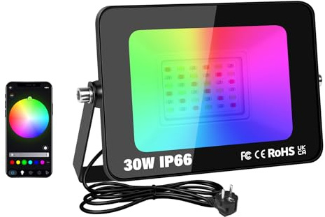 RIGIDON 1x 30W RGB faretto led esterno con APP telecomando, 3000lm faretti | EU spina, IR, proiettori, dimmerabile, musicale e timer, strobo, DIY, IP66 impermeabile, fari led, per giardino palco partito