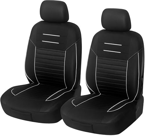 Upgrade4cars Autositzbezüge Vordersitze Schwarz weiß | Auto-Schonbezüge Set Vorne für Fahrersitz & Beifahrer | Auto-Sitzbezug Universal | Autozubehör Geschenke für Frauen und Männer