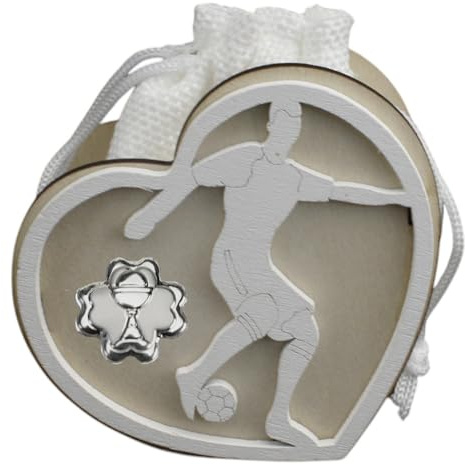 DLM-A708 Bomboniere 12 Utili Scatoline in legno CM 8X8X4 con sacchettino Juta portaconfetti linea cuore Calcio Calciatore con Quadrifoglio portafortuna Calice Comunione Bambino Bambina