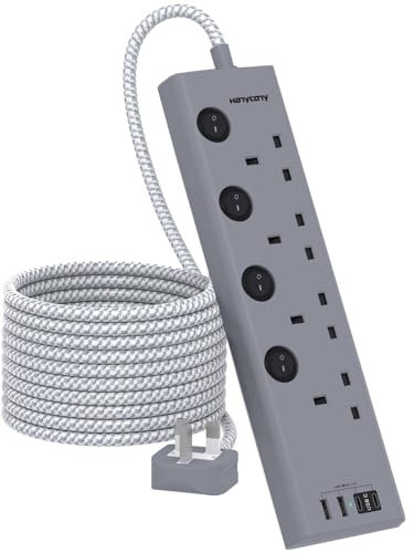 3M Extension Lead, HANYCONY 4 Way Extension Socket with 4 USB Slots(2 USB C), Individually Switched, Extension Cable 3M, Wall Mount Extension Cord, Gray Desk Power Strip for Home Office Accessories