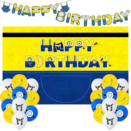 Wood Homing Gelbes Geburtstagsdekorationsset – Gelb Blau Luftballons Banner mit Cartoon-Thema Hintergrund für Jungen und Mädchen Party Feier Supplies Geburtstag Hängeset für Kinder Geschenk Babyparty