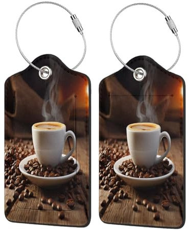 Tasse à café et grains de café – Étiquette de bagage en cuir imprimé avec anneau en acier inoxydable personnalisable, étiquette de voyage élégante pour une identification facile, pour les voyageurs et