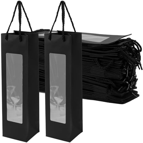 CHIHEUNG 30 Stück Flaschentüten für Wein, schwarze Papier-Wein-Geschenktüten mit Fenster, einzelne Weintasche für Festival-Geschenke, Partyzubehör, Hochzeit, Jahrestag, Geburtstag, 9 x 9,5 x 34,5 cm