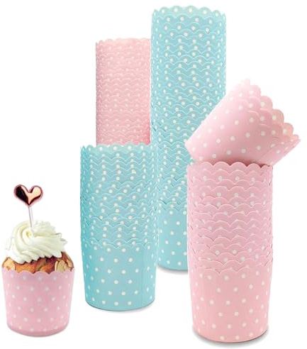 Muffin pappersformar, 100 stycken rosa och blå muffinsformar papper, cupcake-bakformar papper, för bröllop, fester, semester, banketter (vågig punkt)