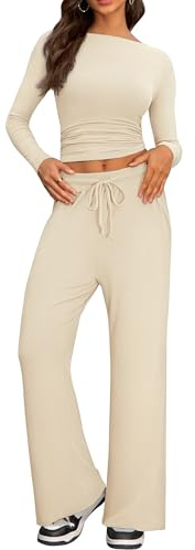 IEEILULU Due Pezzi Completi da Casual Confortevole Donna, Moda Casa Jogging Top con Maniche Lunghe e Pieghe e Laterali e Pantaloni Larghi per Casa e Viaggi (Albicocca, L)
