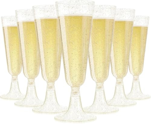 Woobroo Plastic Champagne Flutes, 50 Pack 5Oz/150ml Gold Glitter Plastic Champagne Glasses Cocktail Glasses Prosecco Glasses for Party,Birthday,Wedding,Chrismas,Thanksgiving