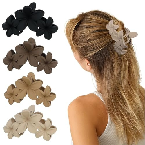 Paquete de 4 pinzas para el pelo con forma de flor para mujer, fijación fuerte, pinzas grandes para cabello grueso, antideslizantes, mate, para mujeres y niñas