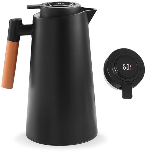 GOEDCH Termosflaska 1 L: Svart vakuumkanna med temperaturdisplay, kaffekanna termisk med trähandtag, tetermos med temperaturdisplay, väl förseglad kaffekanna, för kaffe, te och mjölk