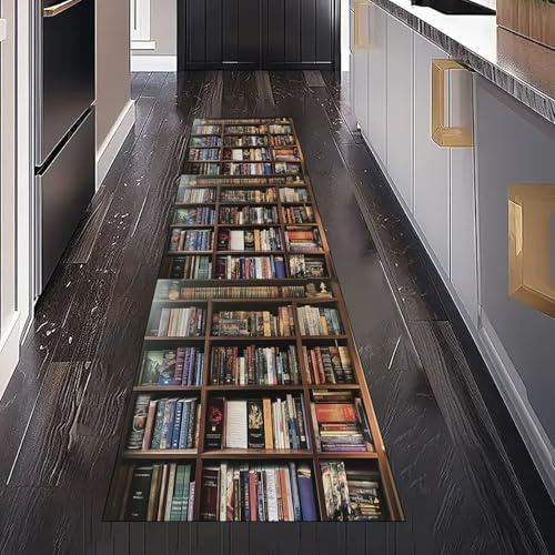 Gaqinhh Bücherregal Bücher Teppichläufer Küchenteppich Waschbar rutschfest, Vintage Bibliothek Teppich Läufer Flur für Bettumrandung Schlafzimmer Eingangsbereich Wohnzimmer 80x250 cm