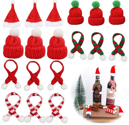 Wvxilyr 18 Stück Mini Weihnachtsmützen Set, Kleine Nikolausmützen und Weihnachts-Schals, Nikolausmütze Klein für Weihnachten Weinflasche Abdeckung, für Festliche Dekoration, Weihnachten und Partys
