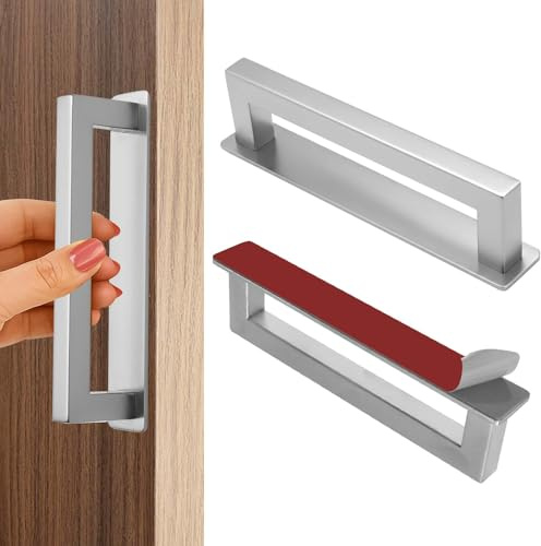 Alyxen 2 Stück Selbstklebende Möbelgriffe, Aluminium Schrankgriffe, Schubladengriffe, Ohne Bohren Griffe, Türgriff für Küchen, Balkontür, Schiebetür, Fenster (150mm, Quadrate) (Silber)