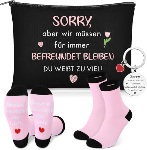 Jadive Beste Freundin Geschenk Set 3-teilig mit Schlüsselanhänger, Kosmetiktasche und Socken, Geschenk für Freundin zu Geburtstag, Dankeschön, Valentinstag, für Kollegin und Schwester