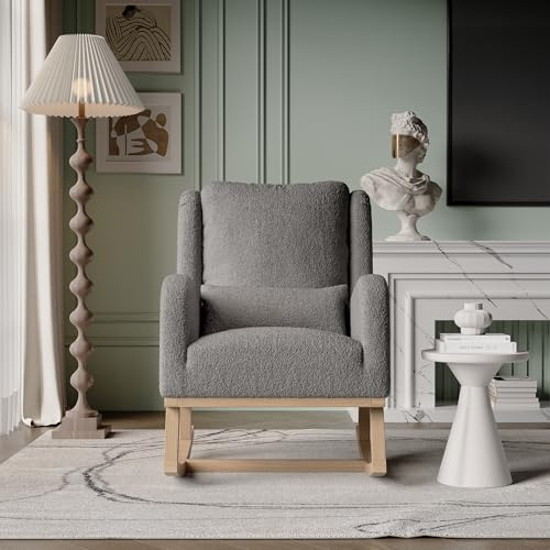 BSCFHCZ Schaukelstuhl,Sessel,Stillstuhl, Relaxsessel, Schaukelstuhl zum Stillen, Holz- und Metallbeinen für Wohnzimmer, Schlafzimmer (Grau + Teddysamt)