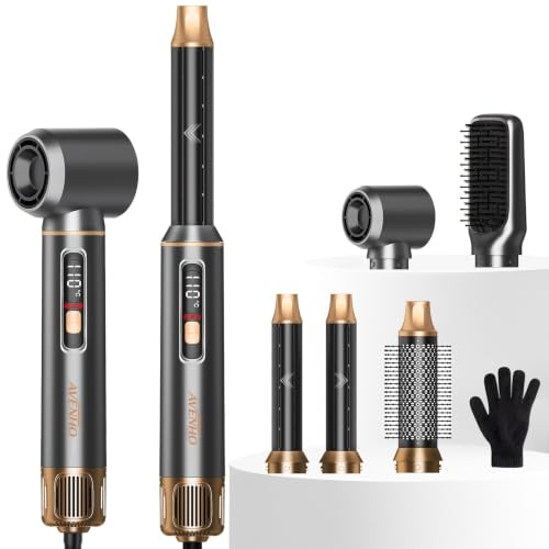 AVENHO 5-I-1 Multistyler Airstyler Med LCD-Display, Jonisk Varmluftsborste Med Utbytbara Luftlocktång, Volym- Och Plattborste, 1000W, 3 Värmelägen, Styling För Alla Hårtyper