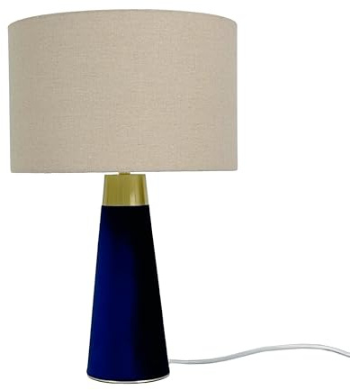 Relaxdays Tischlampe, Leinenschirm & Samtfuß, E27, HxD: 47 x 40 cm, Nachttischlampe mit Kabel, Schlafzimmer, beige/blau