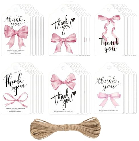 SamHeng Pink Bow Thank You Gift Tags with String, 60 Pcs 7x4cm Small Size Paper Hang Tags Favors Labels with Jute Twine, Decorative Bowknot Hanging Labels for Present Wrapping Wedding Party Business