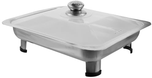 INOOMP Plateau de Service Rectangulaire Inox 34x28x5 Cm avec Couvercle Plastique, Assiette Buffet Solide en Acier Inoxydable Brillant, Support Repas pour Restauration Collective et