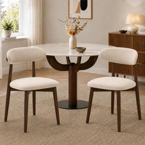 ＴＡＫＵＭＩ∞Ｘ Stühle Esszimmer 2er Set Esszimmerstühle Beige Modern Esszimmerstuhl Holz Walnuss Küchenstuhl Leinen Stoff Gepolstert Dining Chair Armlehnstuhl Gebogener Rückenlehne für Zuhause Restaurant