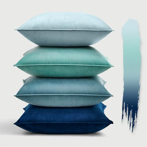 Woaboy 4er Set Samt Kissenbezug 40x40 cm Blau Serie | Weich Dekorativ Umwickelte Kante Kissenhülle Hochwertig Gemütlich Modern Boho für Sofa Wohnzimmer Schlafzimmer Geschenk
