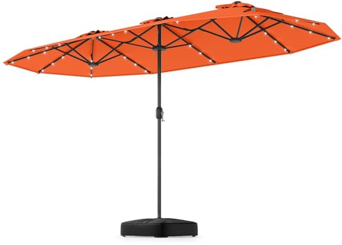 GOPLUS Dubbelt parasoll 400 x 200 cm, parasoll med stativ och LED-sol, terrassskärm med vev, UPF 30+, balkongskärm stor, trädgårdsskärm, marknadsparaply oval (400 x 200 cm med LED, orange)