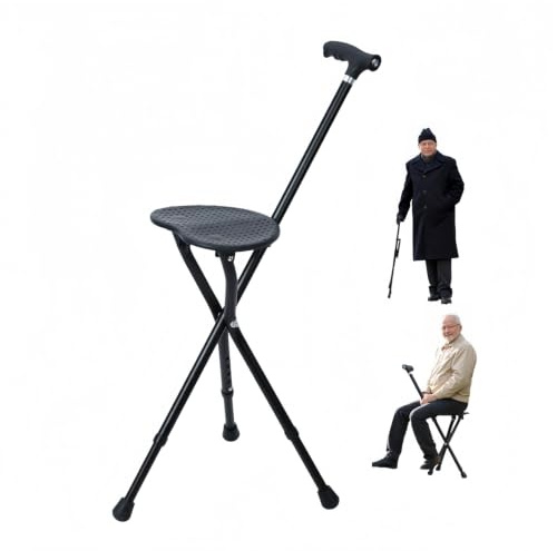 Kiuaso Walking Stick with Seat, 2 in 1 Folding Walking Stick, Adjustable Height Heavy Duty Walking Cane with LED Light, Non-Slip Foot Pad, for Elderly, Men, Women, Indoor Outdoor (Black)
