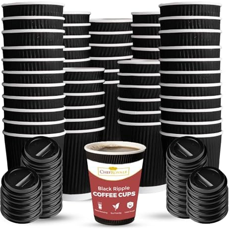 CHEF ROYALE 100x 8oz Disposable Coffee Cups with Lids - Insulated Triple Walled Takeaway Cofffee Cups - Disposable Cups for Hot and Cold Drinks - Ripple Cups for Birthdays Parties (100, 8oz)