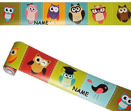 alles-meine.de GmbH Wandbordüre - selbstklebend - lustige Bunte Eulen - 5 m - incl. Name - Wandsticker/Wandtattoo - Bordüre Aufkleber Kinderzimmer - für Kinder Mädchen/Ju..
