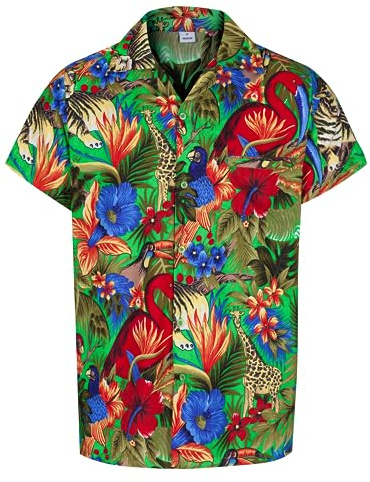 Camicia Hawaiana da Uomo, Camicia Hawaiana a Maniche Corte, Camiciotto Divertente - Camiciotto Brutto con Animali della Giungla, Camicie Funky Uomo per Addio al Celibato - Accessori Addio al Celibato