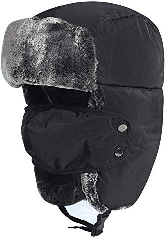 Unisex Kinder Jugendliche Wintermütze im Alter von 5–15 Jahren, Thermo-Fell gefüttert, Trappermütze mit Ohrenklappe, winddicht, Bombermütze, Kopfbedeckung Einheitsgröße Schwarz
