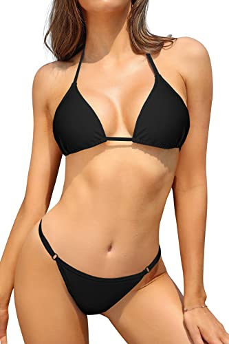 SHEKINI Damen Bikini Set Klassischer Triangel Rückenfrei Bikinioberteil Verstellbare Bademode Brasilianer Niedrige Taille Tanga Bikinihose Zweiteiliger Badeanzug