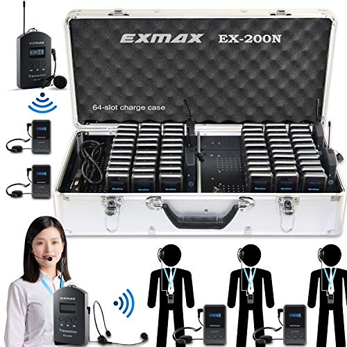 EXMAX EX-200N UHF Wireless Tour Guide Microphone System Hands-free Church Translation Equipment 200 Channels for museum,simultaneous interpreting - 4 Transmitters & 60 Receivers & 64-slot Charge Case