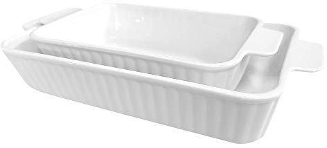 G-LIKE Porzellan Backplatte Keramik Backgeschirr – 2er Set Weiße Rechteckige 2-teilige Gestreifte Lasagneform Auflaufform Backform mit Griff für Soufflé Kuchen Tapas Bankett Backen Geschirr (Weiß)