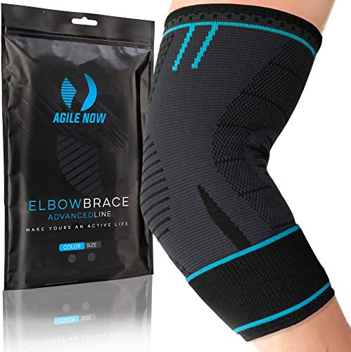 AGILE NOW® Ellenbogenbandage Advanced stabilisiert & schützt die Gelenke – rutschfeste Tennisarm Bandage mit Klettverschluss für flexible Kompression am Ellenbogen (L | Blau)