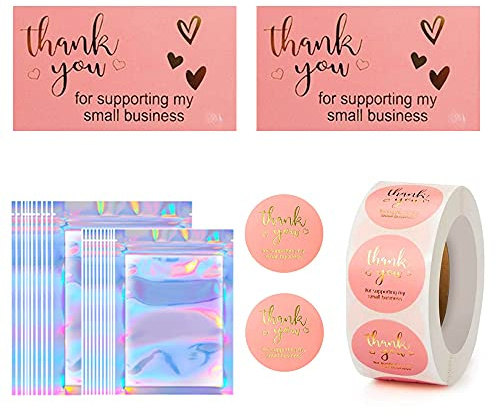 100 Stück Dankeskarten, 500 Stück Thank You for Supporting My Small Business Aufkleber, 20 Stück wiederverschließbare Verpackungsbeutel für Kleinunternehmen