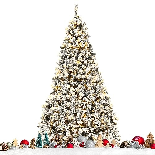 COSTWAY Albero di Natale Innevato 180/225 cm, Albero di Natale con 250/450 Luci a LED Bianco Caldo, 600/1010 Rami Folti e Base Metallica, Ideale per Casa, Ufficio e Negozio (225 CM)