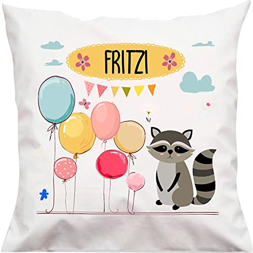 Kleckerliese Baby Kinder Kissen Kissenhülle Tiere Motiv, Waschbär mit Wunschname Balon Wolken, 40x40 cm Farbe Weiß