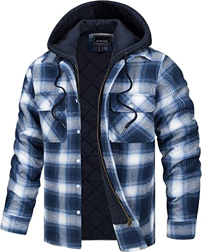 TACVASEN Lumberjack Jacket Mens Fleece Plaid Shirts Padded Work Jacket Hooded Flannel Shirt Long Sleeve Hoodie Jacket Blue White