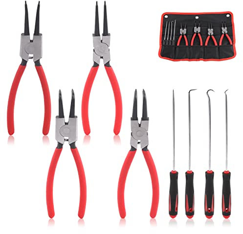 Swpeet Ensemble de pinces à anneau de serrage de 22,9 cm avec outil de crochetage et crochet, ensemble de joints d'huile pour circlips internes/externes très résistants, parfait pour enlever les