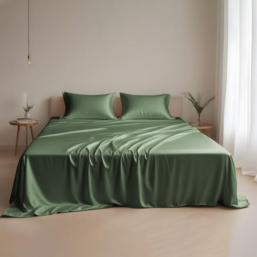 Linenwalas Sheet Set Full,100% Eucalyptus Tencel Lyocell Sheets Set Full Size - Cooling Breathable Silk Soft, 1 Fitted 1 Flat and 2 Pillowcases (Full/Avocado Green)