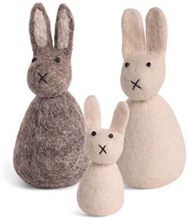 Gry & SIF Hasenfamilie aus Filz, stehend, Handmade, Fairtrade und natürliche Osterdeko aus Schafwolle, Ostern, Osterfiguren | Osterhasen Trio, Grau und Weiß