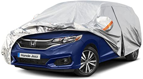 Kayme Autoabdeckung Wasserdicht Atmungsaktiv Passend für 2002-2024 Honda Jazz, Vollgarage Autoplane für Regen Sonne Staub Schutz, Auto Abdeckplane Faltgarage Abdeckung im Winter(3-7 Tage liefern)